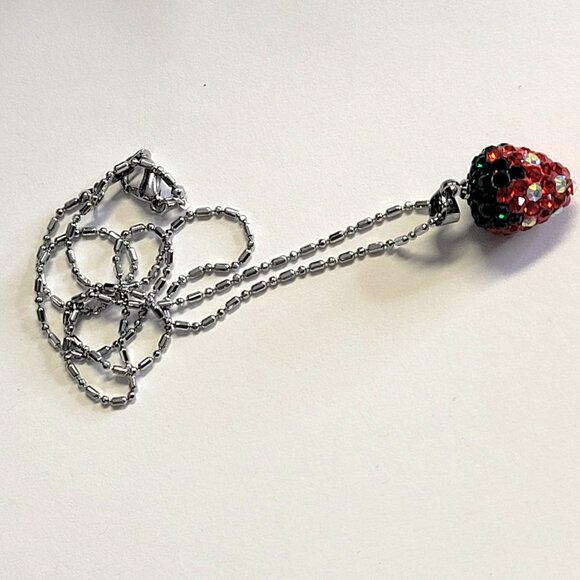 Red & Dark Green Strawberry Pendant with Swaroski elements On18K Silver Necklace - Picture 10 of 13